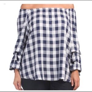 Buffalo Plaid Ruffle Sleeve Off Shoulder Top Size 3X